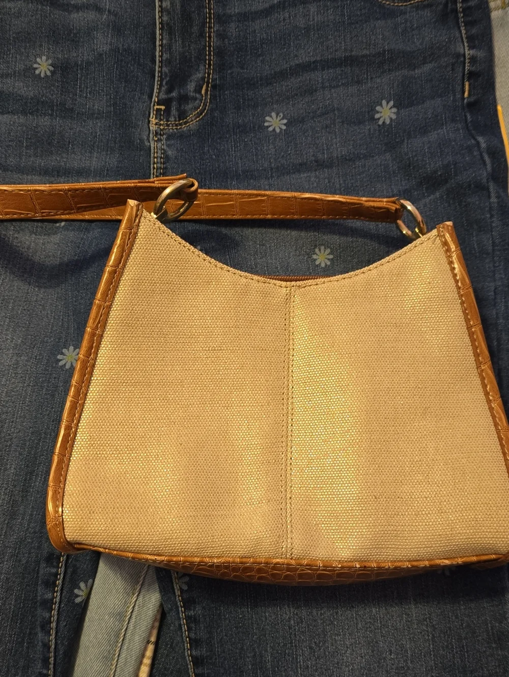 Neutral Canvas & Brown Trim Shoulder Bag